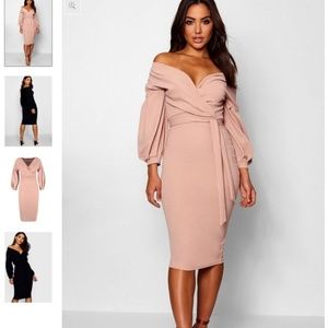 Blush Off the Shoulder Wrap Midi Bodycon Dress
